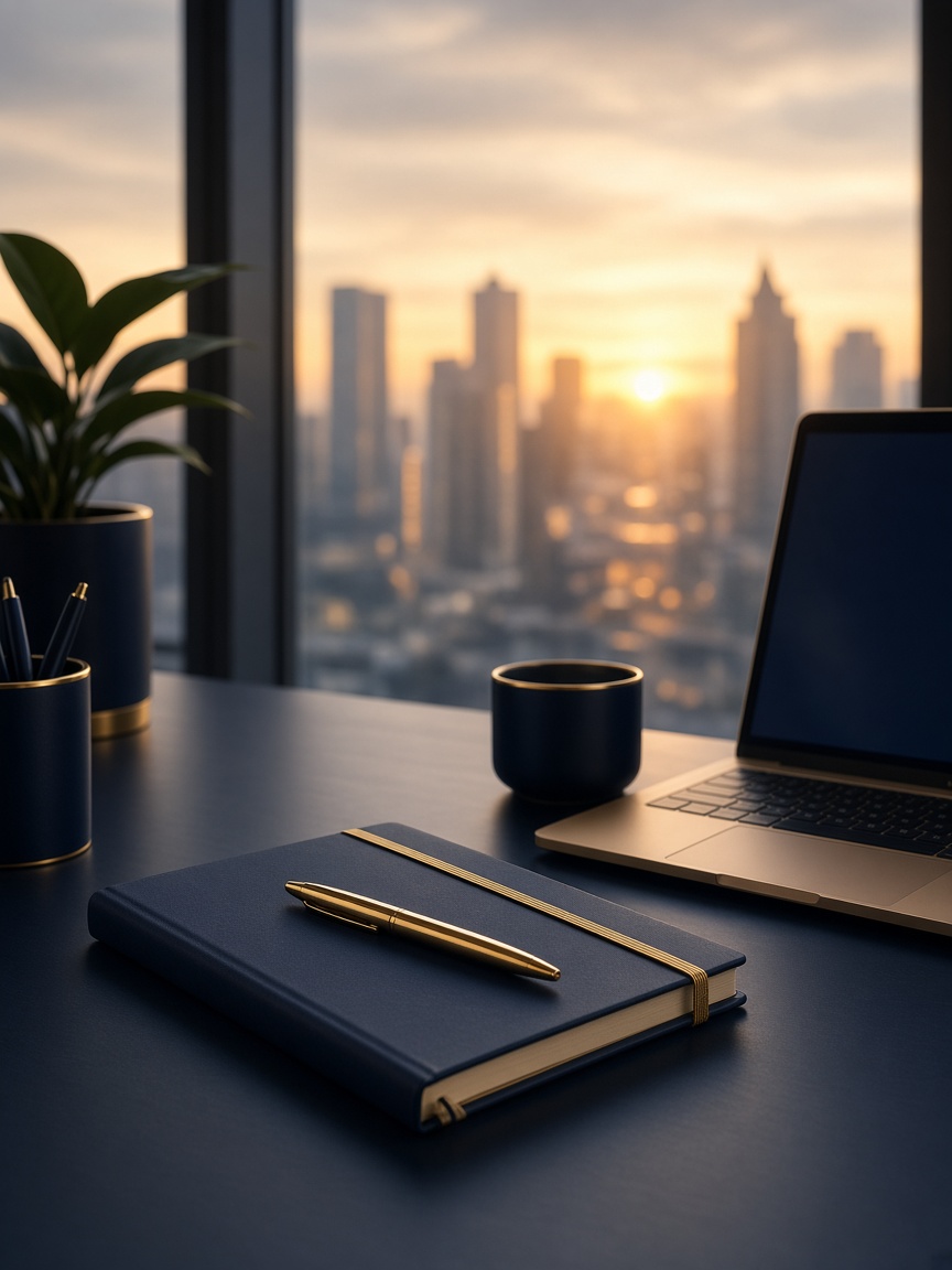 A modern desk overlooking a city skyline at golden hour