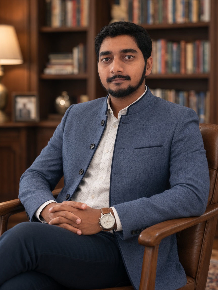 Dr. Ram Prasad seated in a library, wearing a blue jacket