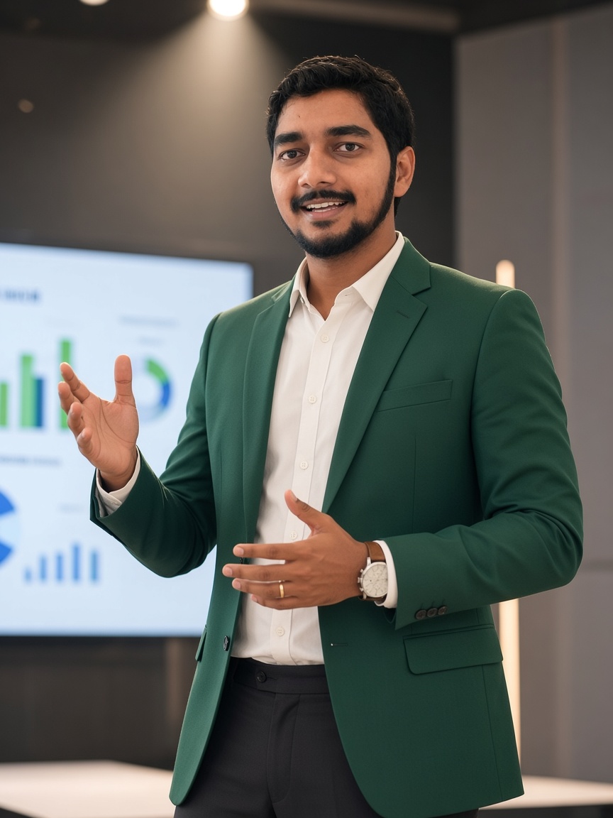 Dr. Ram Prasad presenting in a green blazer