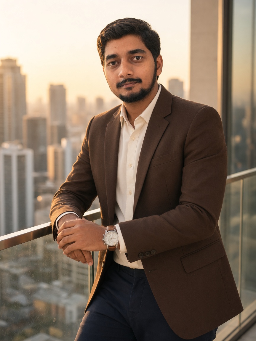 Dr. Ram Prasad leaning on a balcony above a city skyline