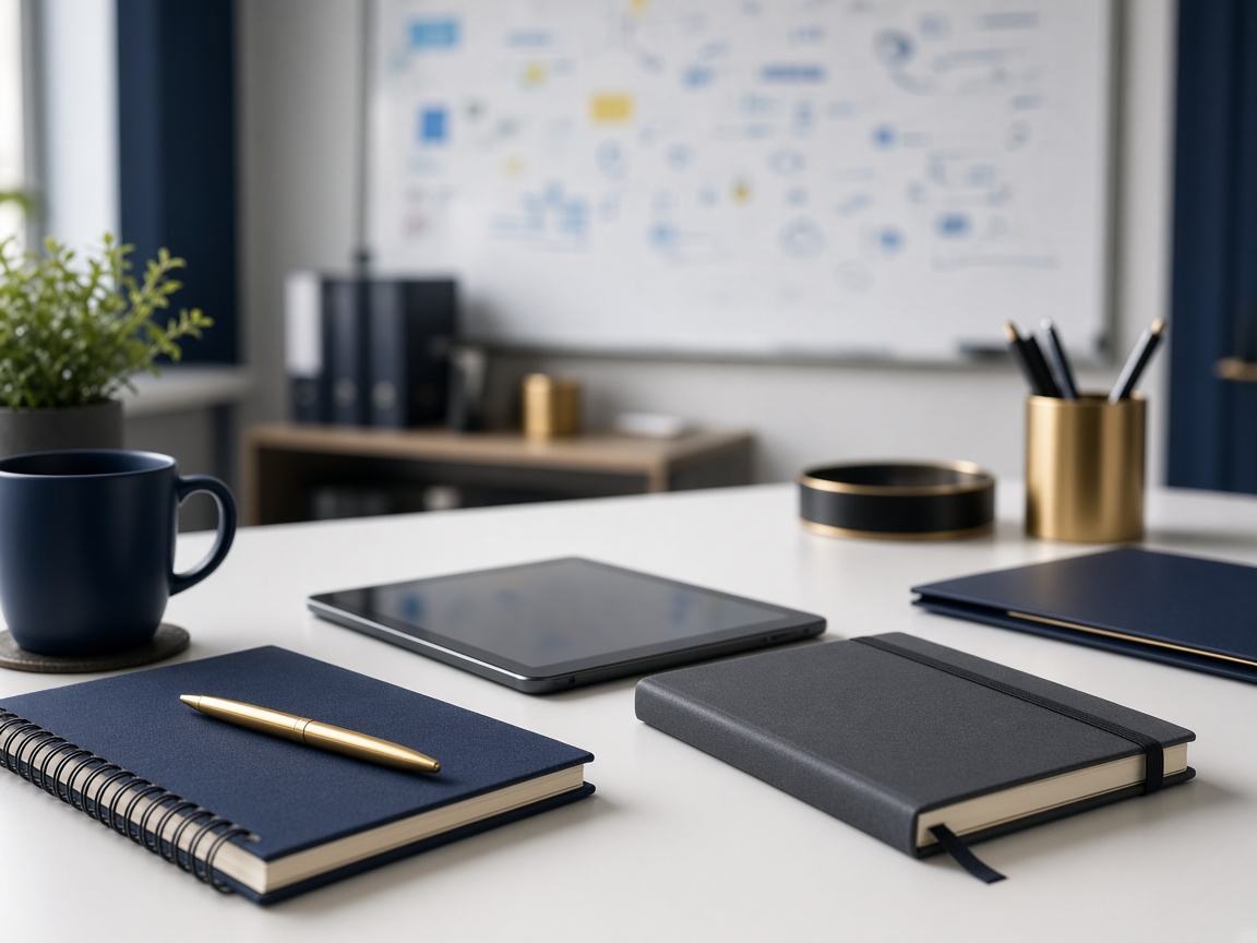 A modern planning table with notebooks and a tablet
